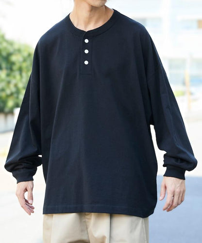 寬鬆版型 單點刺繡 亨利領 長袖T恤
