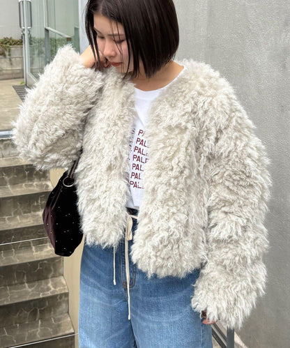 【willow】褶皺拼接仿毛外套