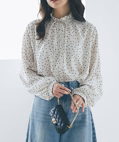 波點印花荷葉邊領襯衫
