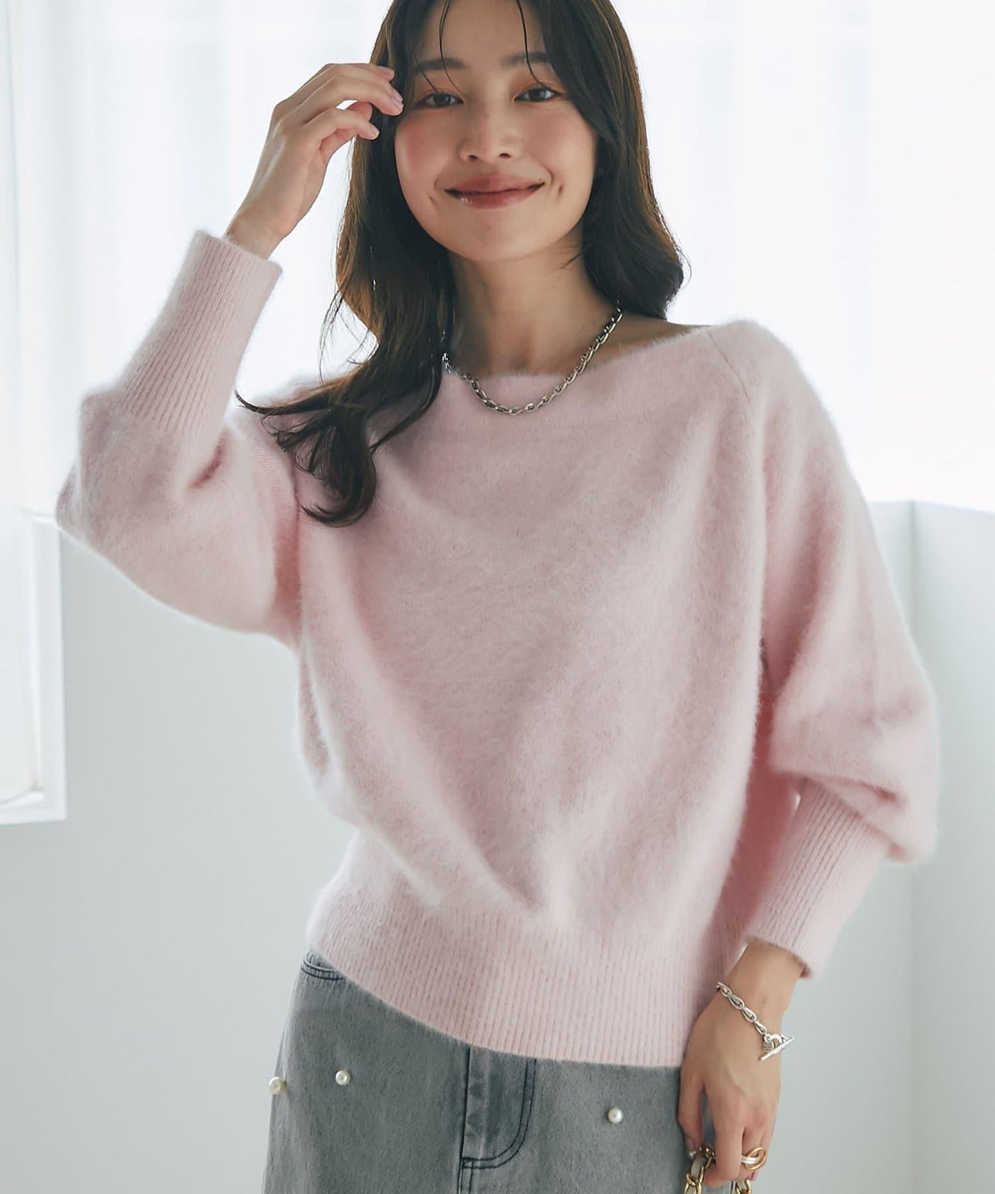 【miki監修】毛絨羊毛羊絨混紡一字肩針織衫
