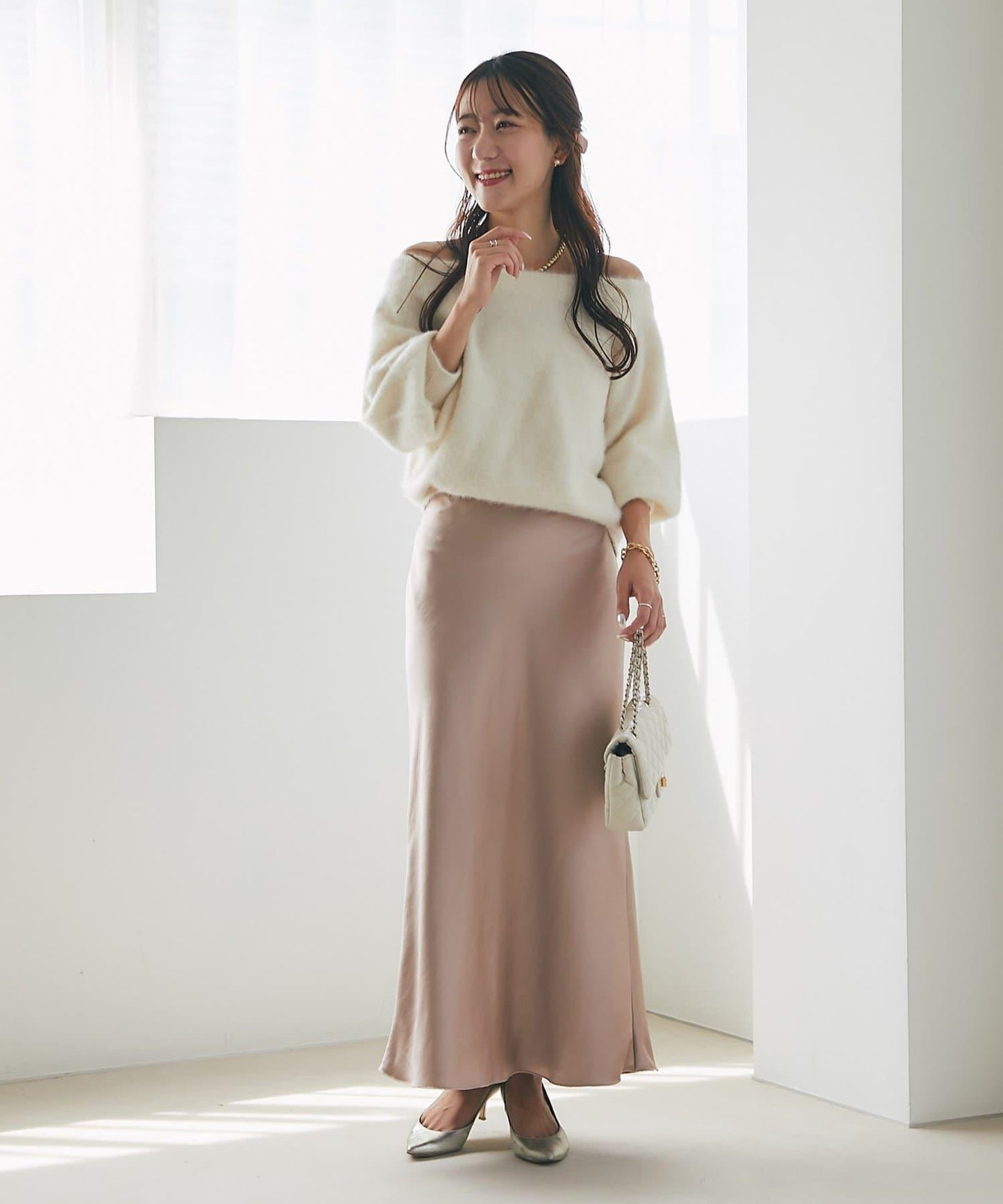 【miki監修】毛絨羊毛羊絨混紡一字肩針織衫