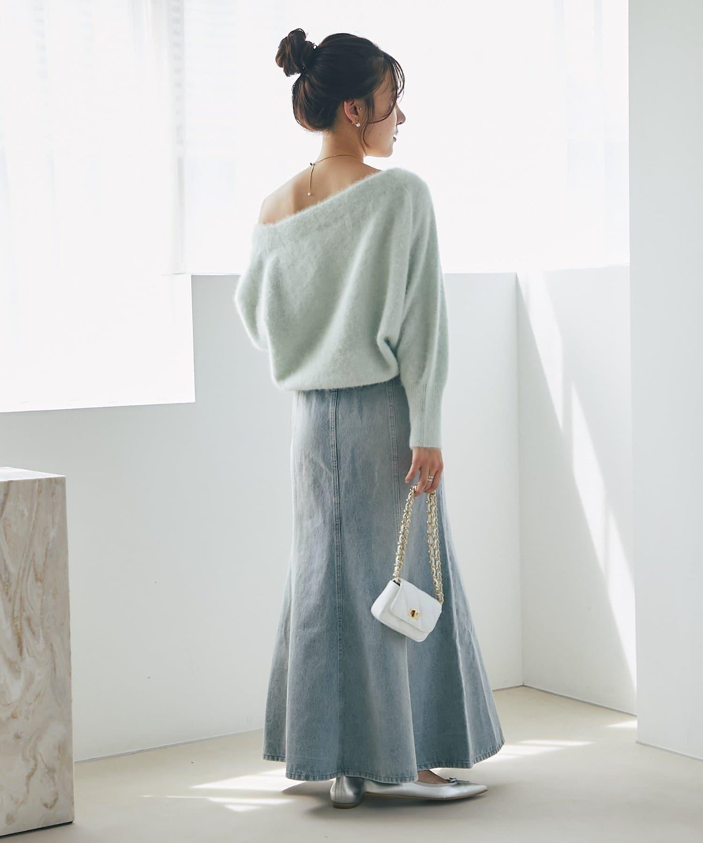 【miki監修】毛絨羊毛羊絨混紡一字肩針織衫