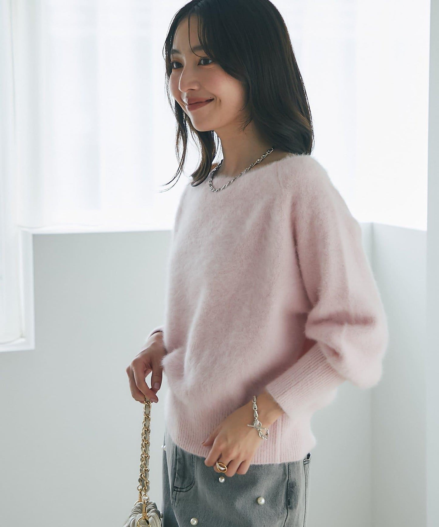 【miki監修】毛絨羊毛羊絨混紡一字肩針織衫