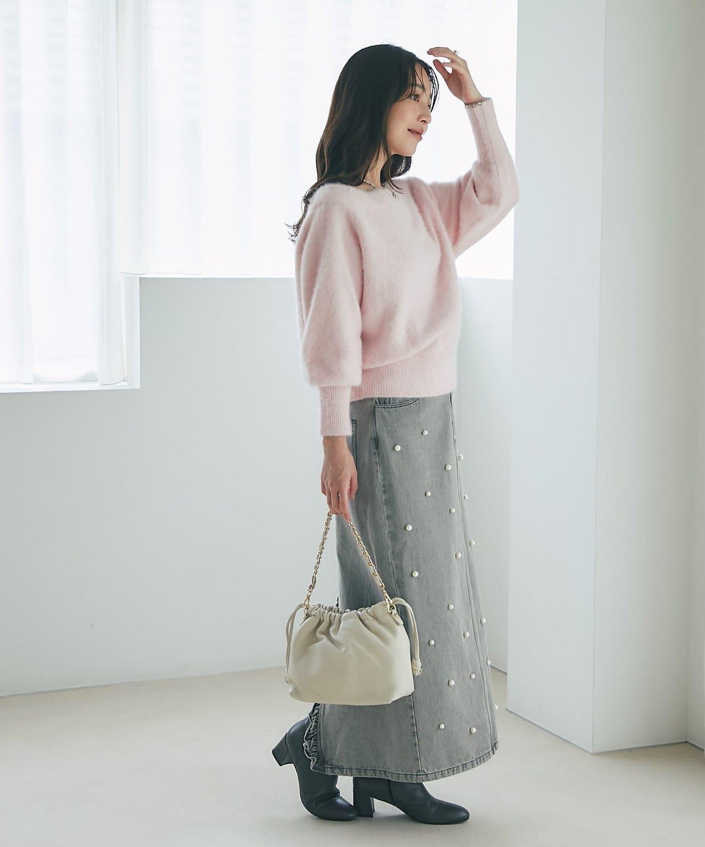 【miki監修】毛絨羊毛羊絨混紡一字肩針織衫