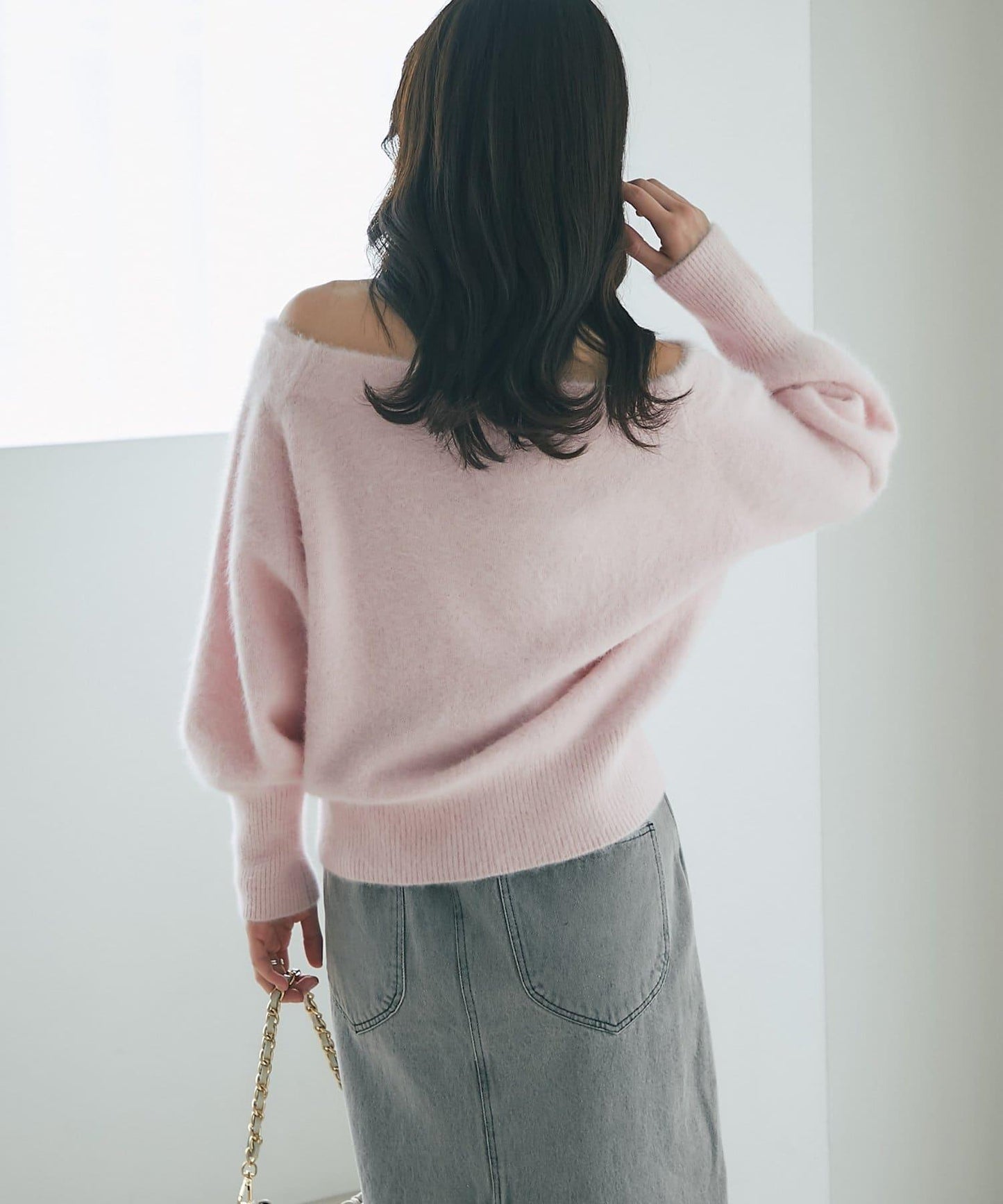 【miki監修】毛絨羊毛羊絨混紡一字肩針織衫