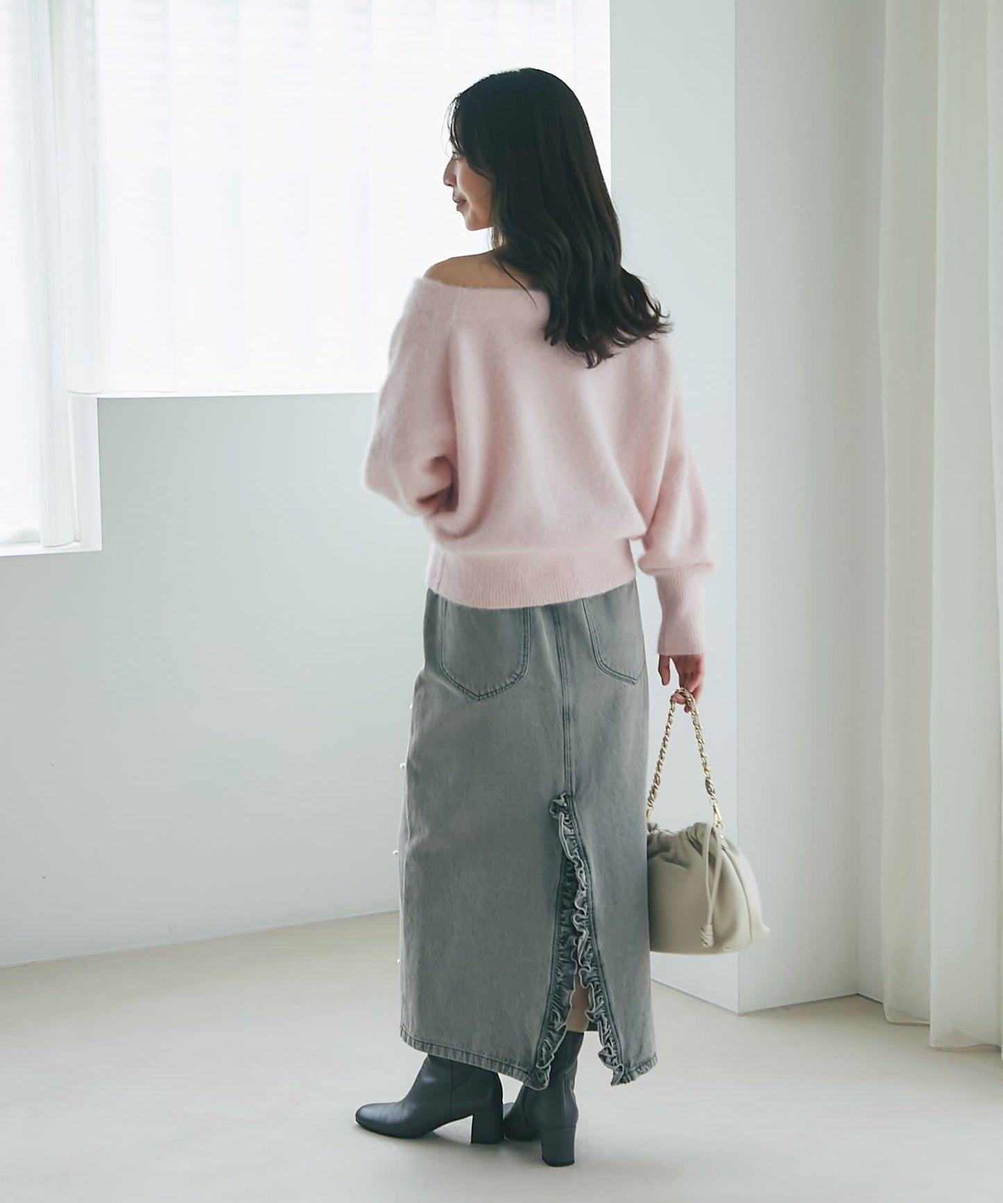 【miki監修】毛絨羊毛羊絨混紡一字肩針織衫