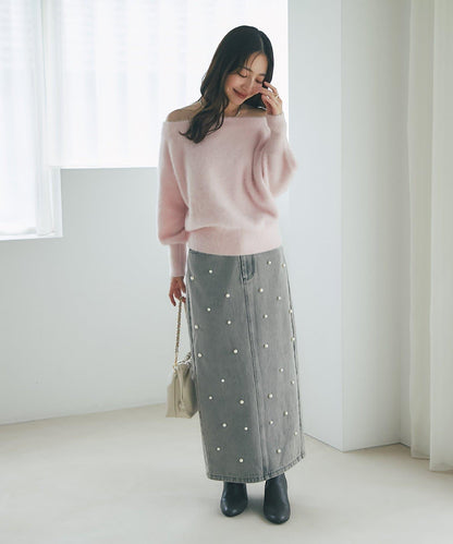 【miki監修】毛絨羊毛羊絨混紡一字肩針織衫