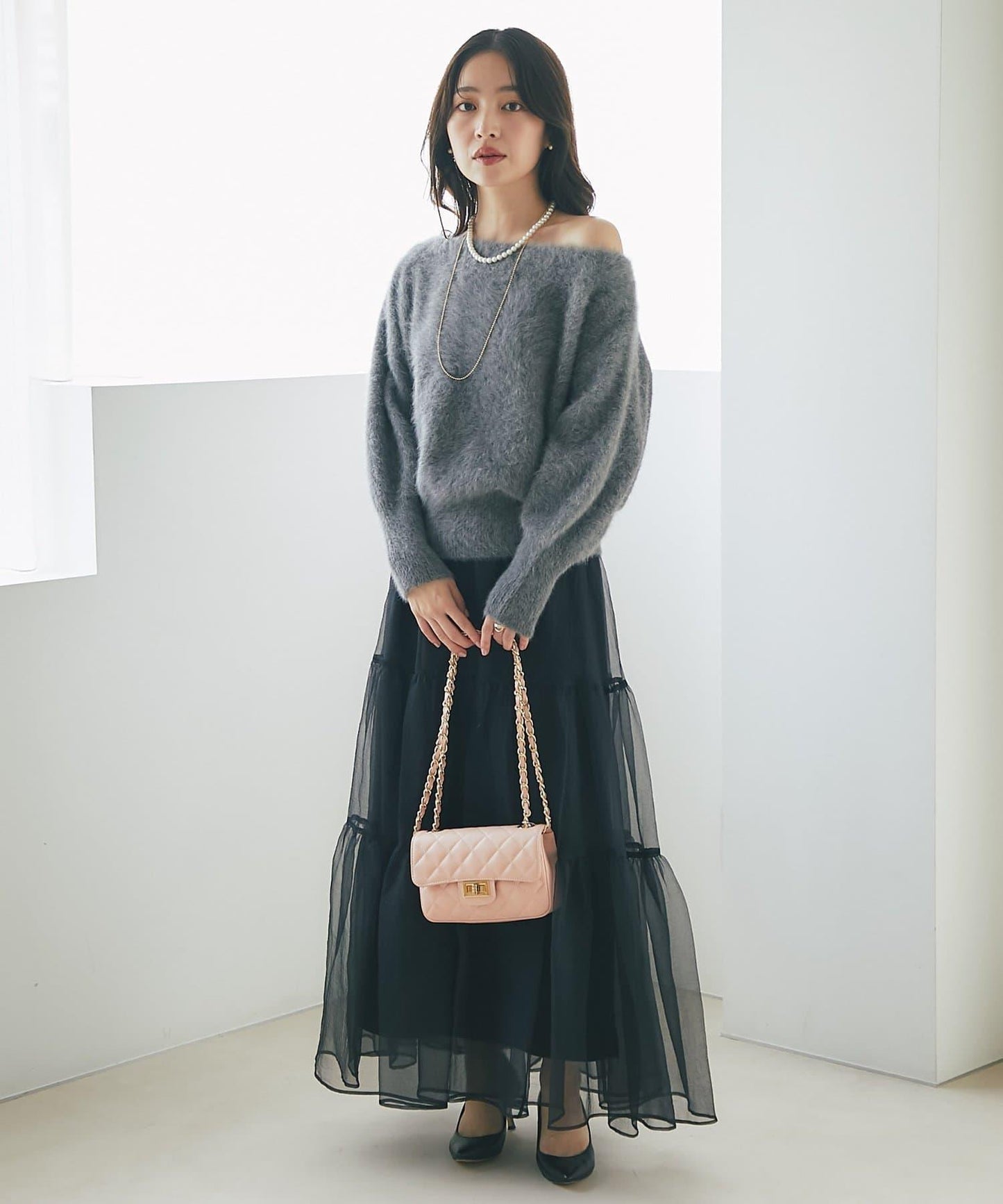 【miki監修】毛絨羊毛羊絨混紡一字肩針織衫