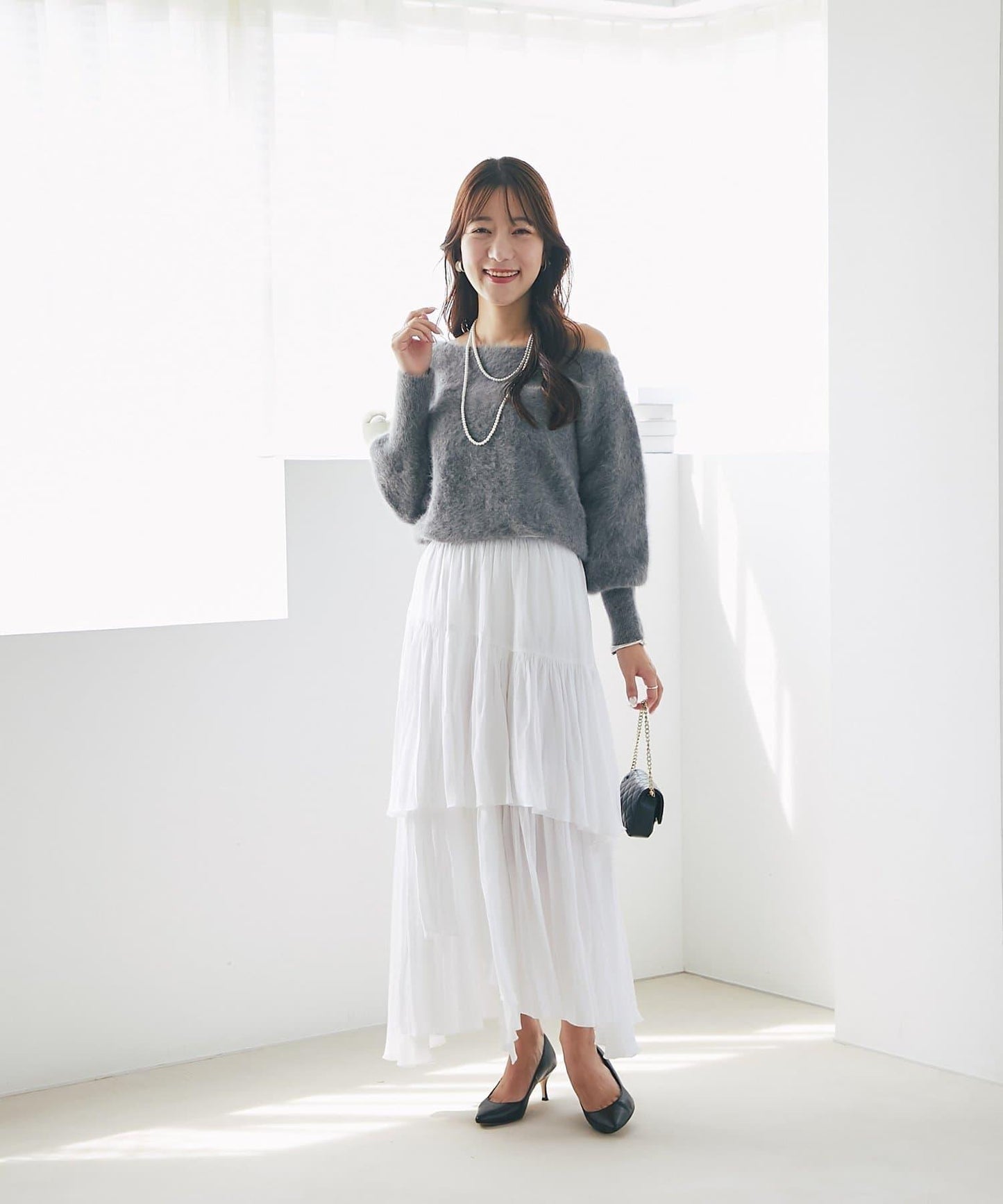 【miki監修】毛絨羊毛羊絨混紡一字肩針織衫