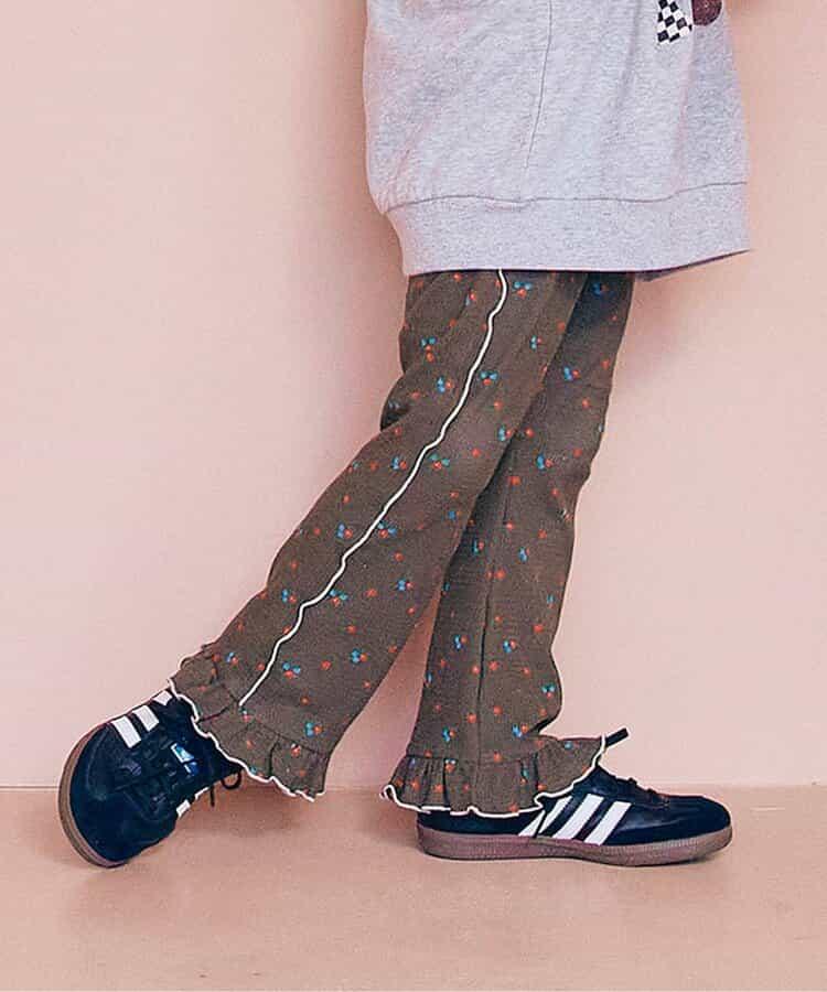 滿版圖案彈力華夫格下襬荷葉邊喇叭褲