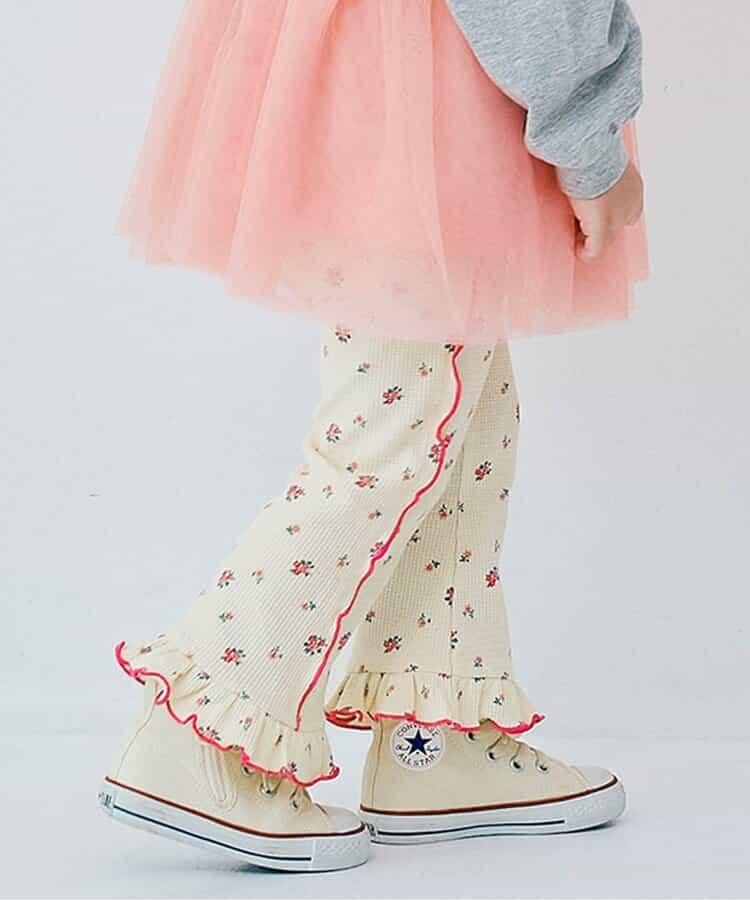 滿版圖案彈力華夫格下襬荷葉邊喇叭褲