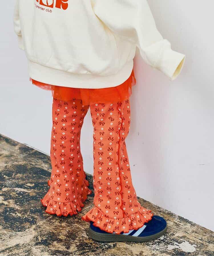 滿版圖案彈力華夫格下襬荷葉邊喇叭褲