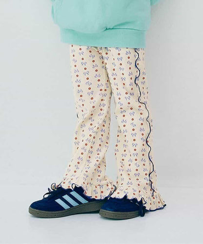 滿版圖案彈力華夫格下襬荷葉邊喇叭褲