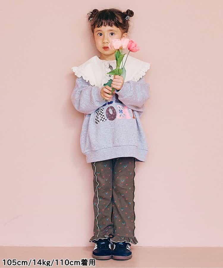 滿版圖案彈力華夫格下襬荷葉邊喇叭褲