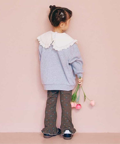 滿版圖案彈力華夫格下襬荷葉邊喇叭褲