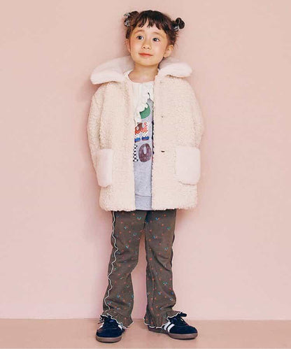 滿版圖案彈力華夫格下襬荷葉邊喇叭褲