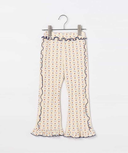 滿版圖案彈力華夫格下襬荷葉邊喇叭褲