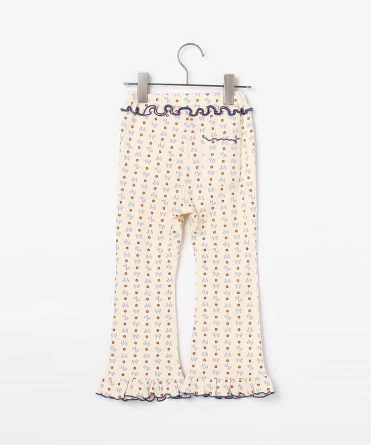 滿版圖案彈力華夫格下襬荷葉邊喇叭褲