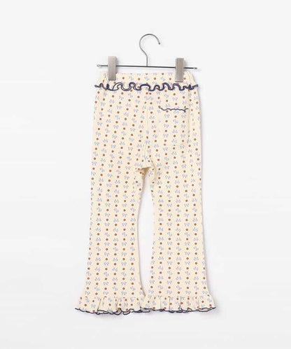 滿版圖案彈力華夫格下襬荷葉邊喇叭褲