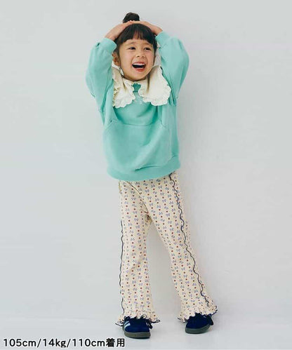 滿版圖案彈力華夫格下襬荷葉邊喇叭褲