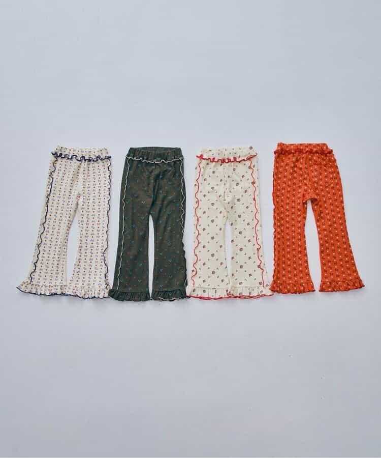 滿版圖案彈力華夫格下襬荷葉邊喇叭褲