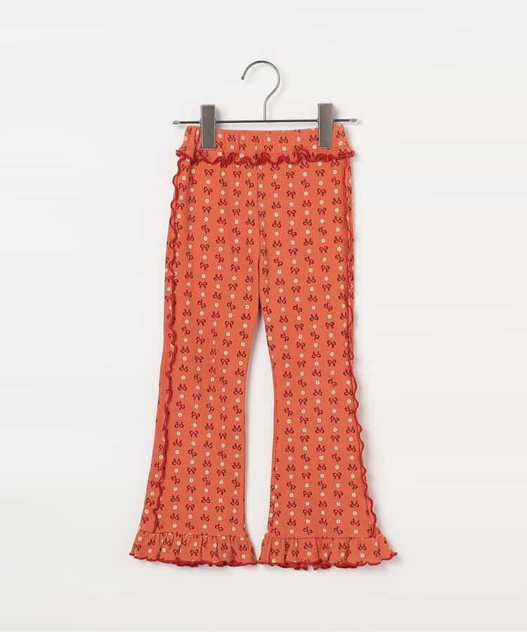 滿版圖案彈力華夫格下襬荷葉邊喇叭褲