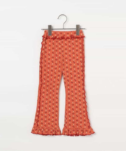 滿版圖案彈力華夫格下襬荷葉邊喇叭褲