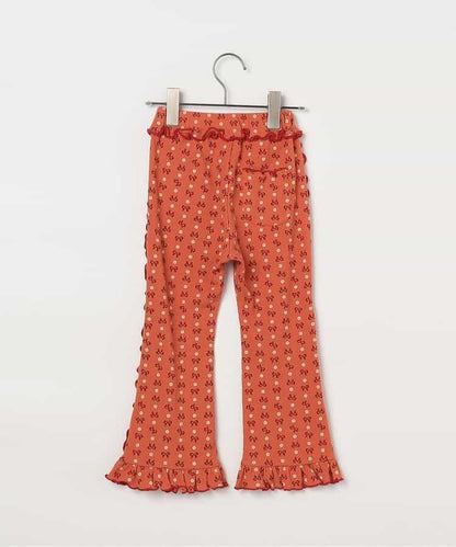 滿版圖案彈力華夫格下襬荷葉邊喇叭褲