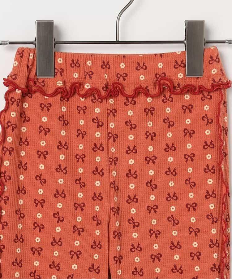 滿版圖案彈力華夫格下襬荷葉邊喇叭褲