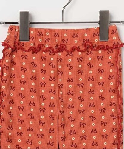 滿版圖案彈力華夫格下襬荷葉邊喇叭褲