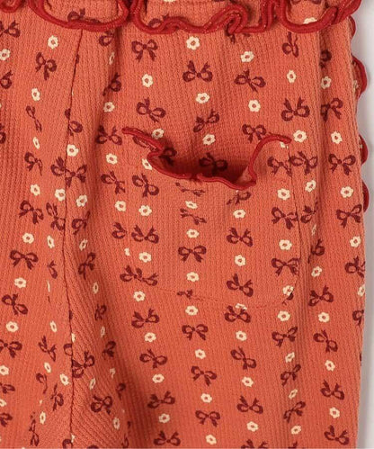 滿版圖案彈力華夫格下襬荷葉邊喇叭褲