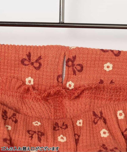 滿版圖案彈力華夫格下襬荷葉邊喇叭褲