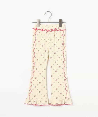 滿版圖案彈力華夫格下襬荷葉邊喇叭褲