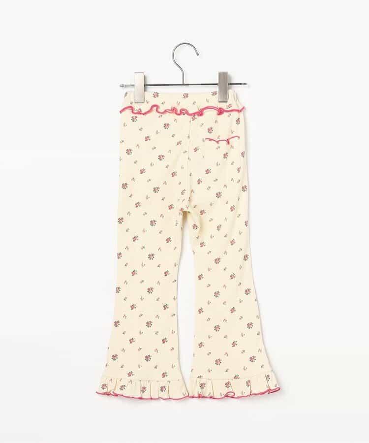 滿版圖案彈力華夫格下襬荷葉邊喇叭褲