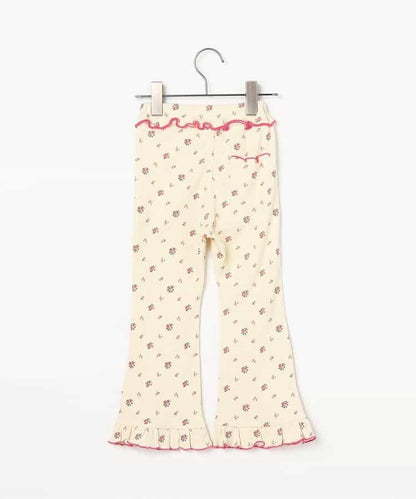 滿版圖案彈力華夫格下襬荷葉邊喇叭褲