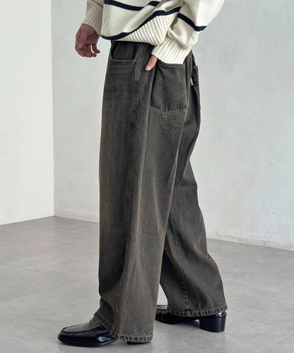 【可成套搭配】腰部鉤扣後褶牛仔褲