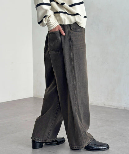 【可成套搭配】腰部鉤扣後褶牛仔褲