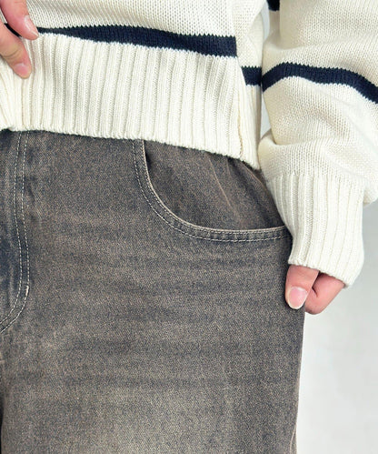 【可成套搭配】腰部鉤扣後褶牛仔褲