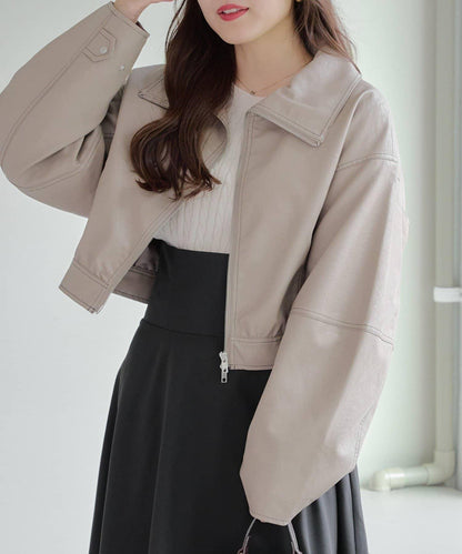 拼色仿皮縫線短夾克