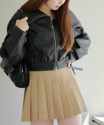 拼色仿皮縫線短夾克