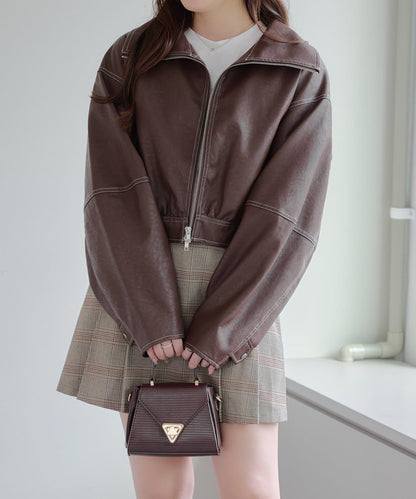 拼色仿皮縫線短夾克