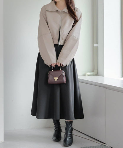 拼色仿皮縫線短夾克