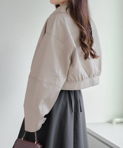 拼色仿皮縫線短夾克