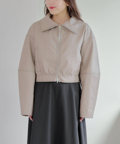 拼色仿皮縫線短夾克