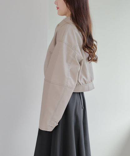 拼色仿皮縫線短夾克