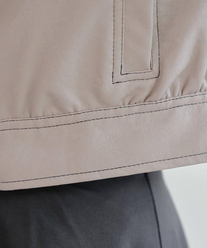 拼色仿皮縫線短夾克