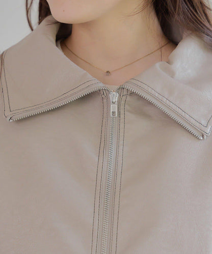 拼色仿皮縫線短夾克