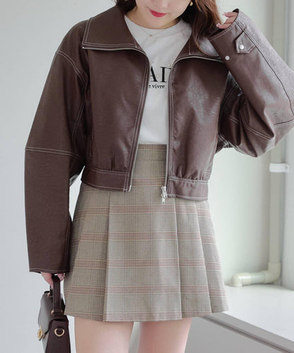 拼色仿皮縫線短夾克