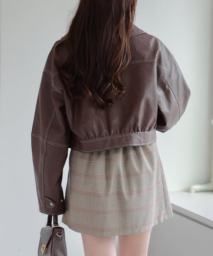 拼色仿皮縫線短夾克