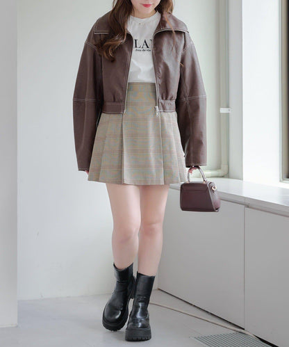 拼色仿皮縫線短夾克